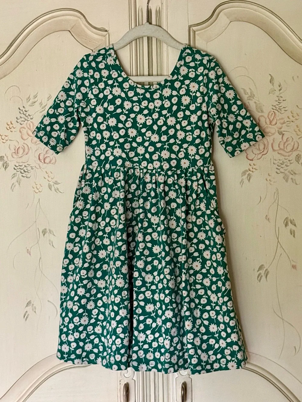 Hanna Andersson 120/6-7 Twirly Floral Print Elbow Sleeve Skater Dress w/pockets